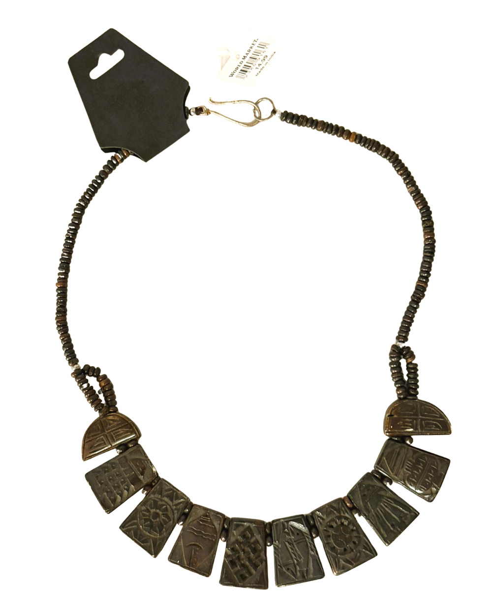 World Market Carved Wood Tiles Bib Necklace 20"L Brown Artisan Global Style